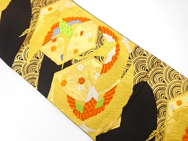 JAPANESE KIMONO / ANTIQUE FUKURO OBI / SILK / WOVEN KIKKO & CRANES & MAPLE & SEIGAIHA